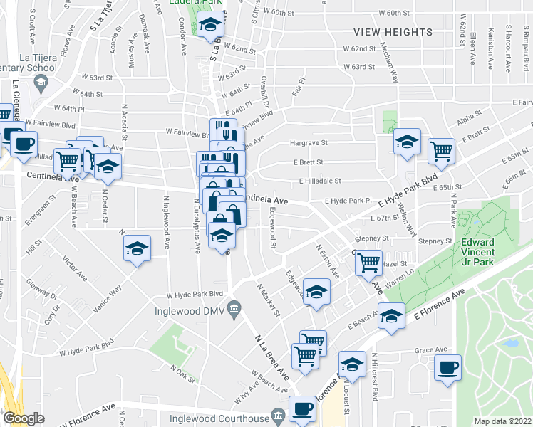 map of restaurants, bars, coffee shops, grocery stores, and more near 917 Edgewood Street in Inglewood