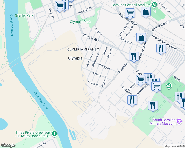 map of restaurants, bars, coffee shops, grocery stores, and more near 764 Maryland Street in Columbia