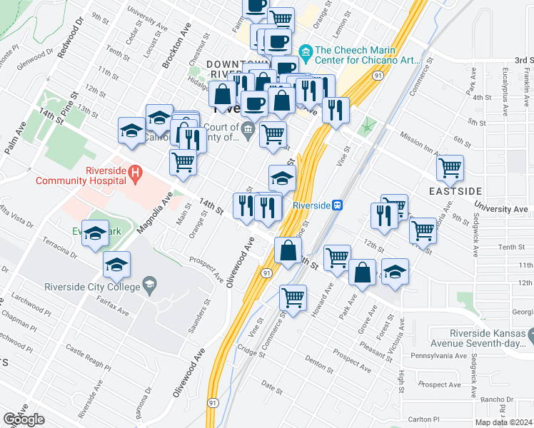 map of restaurants, bars, coffee shops, grocery stores, and more near 4308 Lime Street in Riverside