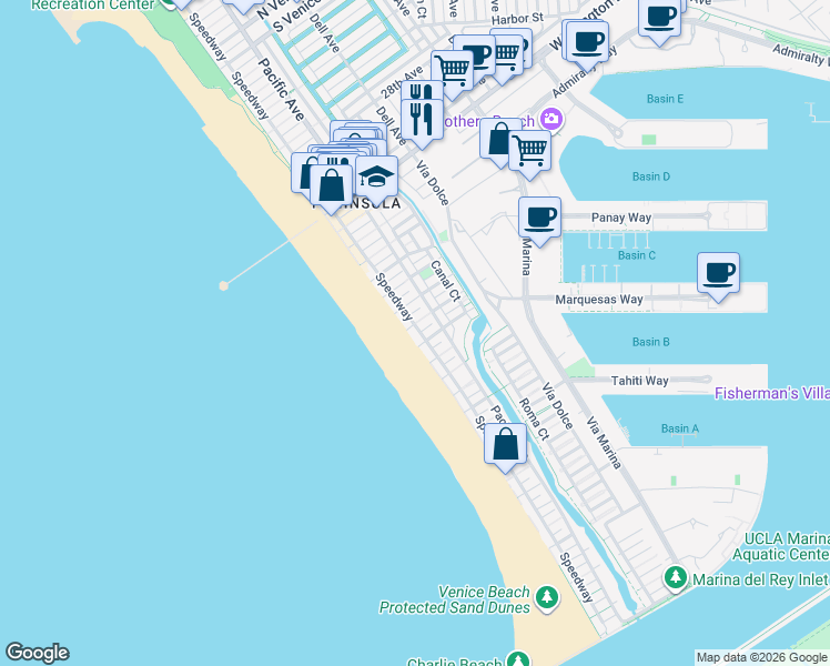 map of restaurants, bars, coffee shops, grocery stores, and more near 3815 Speedway in Marina del Rey