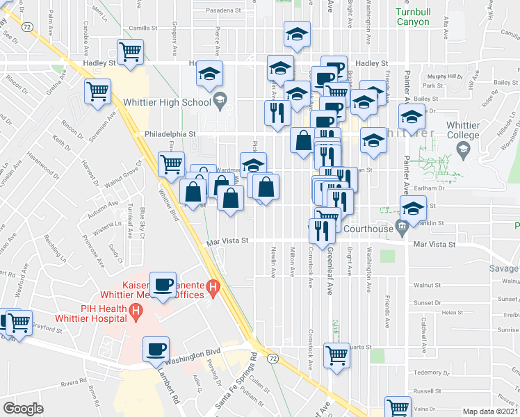 map of restaurants, bars, coffee shops, grocery stores, and more near 12604 Penn Street in Whittier