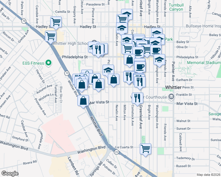 map of restaurants, bars, coffee shops, grocery stores, and more near 12604 Penn Street in Whittier