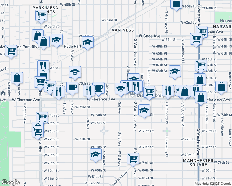 map of restaurants, bars, coffee shops, grocery stores, and more near 7040 3rd Avenue in Los Angeles