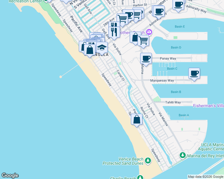 map of restaurants, bars, coffee shops, grocery stores, and more near 3806 Ocean Front Walk in Marina del Rey