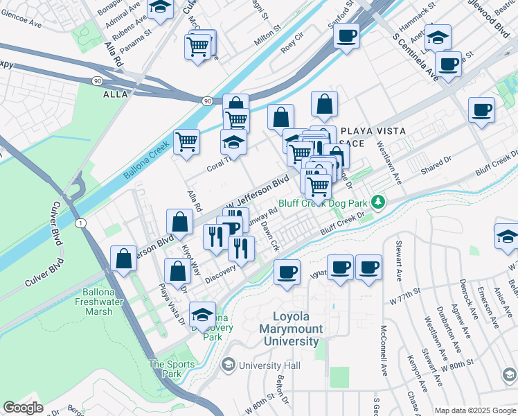 map of restaurants, bars, coffee shops, grocery stores, and more near 12887 West Runway Road in Los Angeles