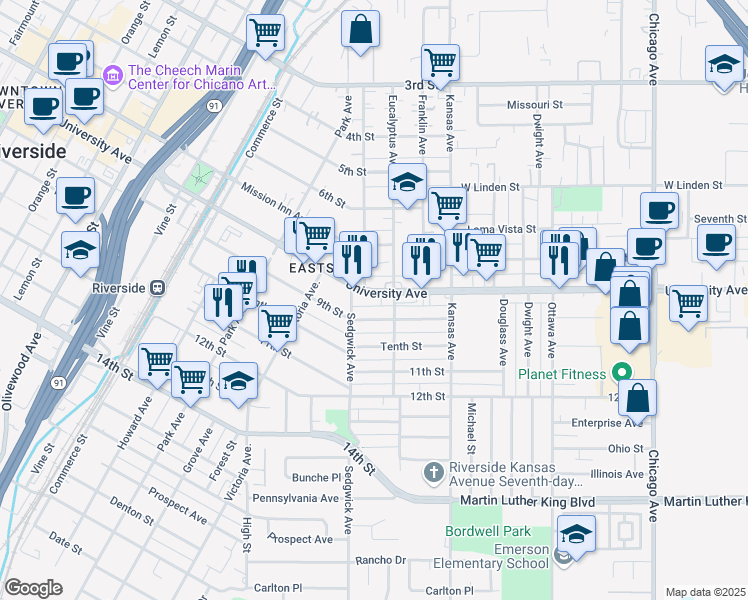 map of restaurants, bars, coffee shops, grocery stores, and more near 2315 9th Street in Riverside