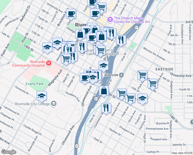 map of restaurants, bars, coffee shops, grocery stores, and more near 4341 Mulberry Street in Riverside
