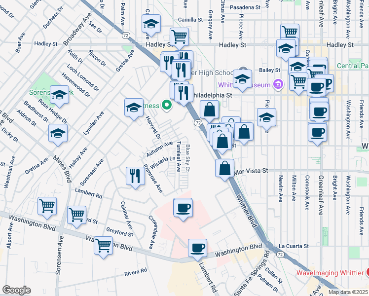 map of restaurants, bars, coffee shops, grocery stores, and more near 12190 Blue Sky Court in Whittier