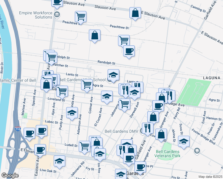 map of restaurants, bars, coffee shops, grocery stores, and more near 6138 Agra Street in Bell Gardens