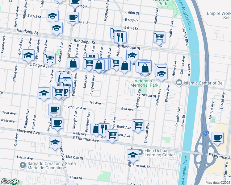 map of restaurants, bars, coffee shops, grocery stores, and more near 6623 1/2 Heliotrope Avenue in Bell
