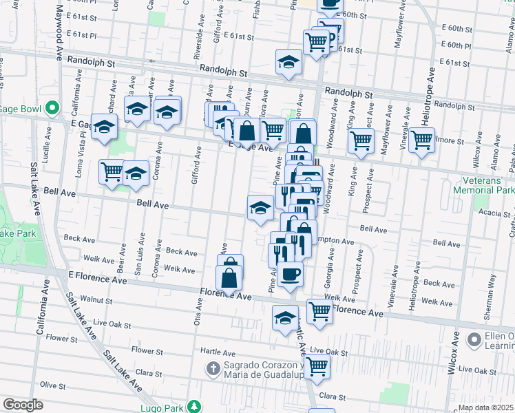 map of restaurants, bars, coffee shops, grocery stores, and more near 6721 Flora Avenue in Bell