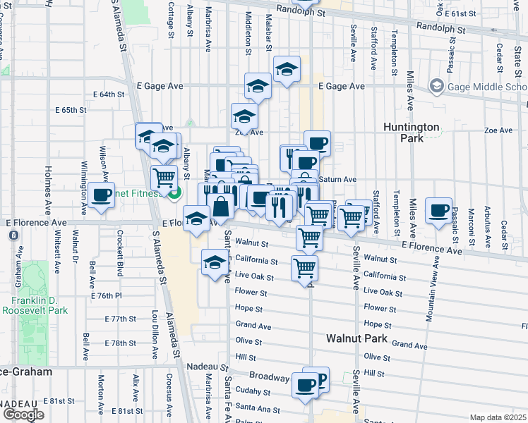 map of restaurants, bars, coffee shops, grocery stores, and more near 7110 Middleton Street in Huntington Park