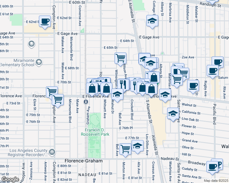 map of restaurants, bars, coffee shops, grocery stores, and more near 1901 East Florence Avenue in Los Angeles