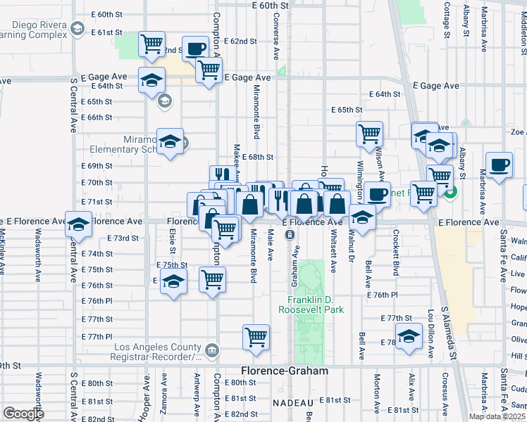 map of restaurants, bars, coffee shops, grocery stores, and more near 1607 East Florence Avenue in Los Angeles