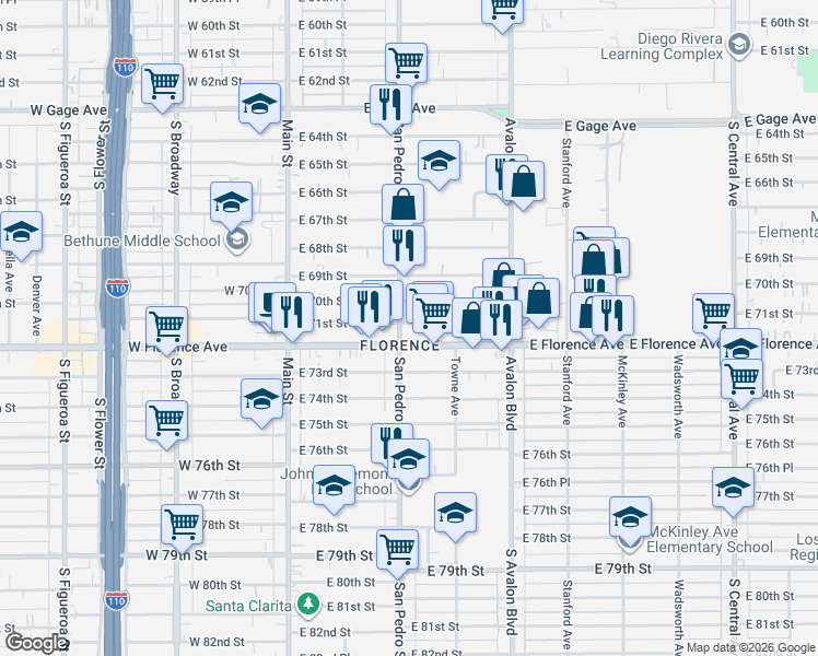 map of restaurants, bars, coffee shops, grocery stores, and more near in Florence-Graham