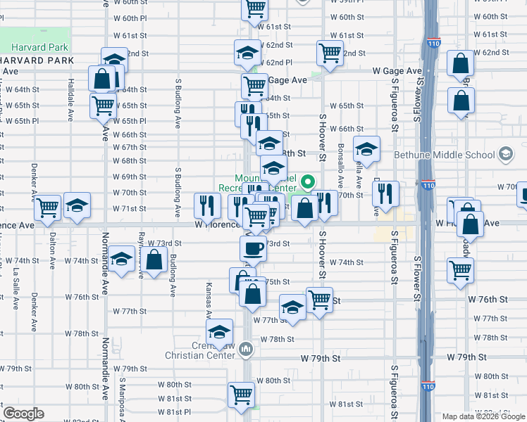 map of restaurants, bars, coffee shops, grocery stores, and more near 923 West Florence Avenue in Los Angeles