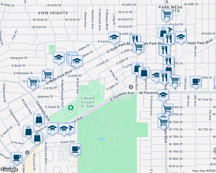 map of restaurants, bars, coffee shops, grocery stores, and more near 929 East 68th Street in Inglewood