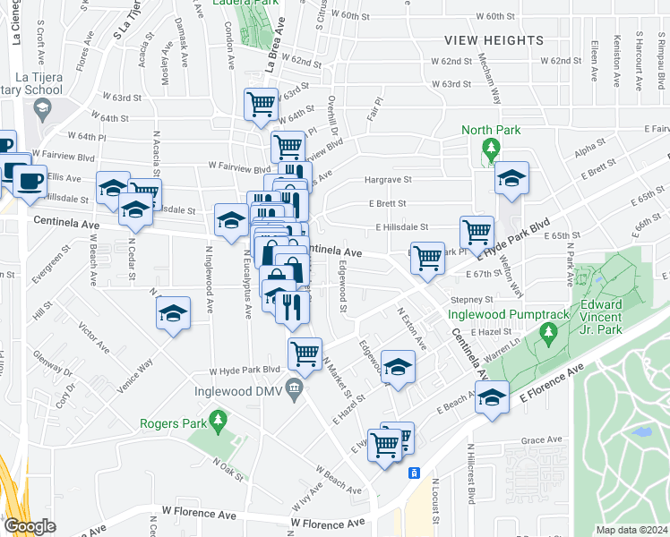 map of restaurants, bars, coffee shops, grocery stores, and more near 908 North Market Street in Inglewood