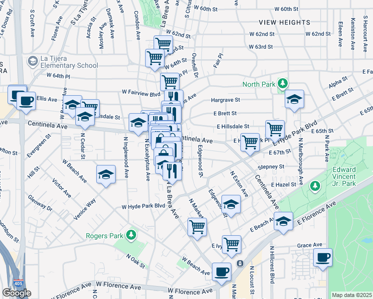 map of restaurants, bars, coffee shops, grocery stores, and more near 908 North Market Street in Inglewood