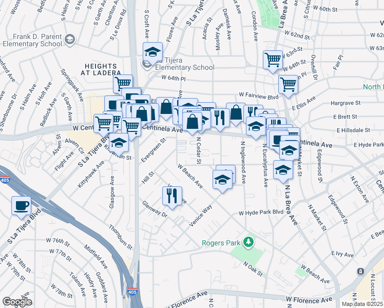map of restaurants, bars, coffee shops, grocery stores, and more near 914 North Cedar Street in Inglewood