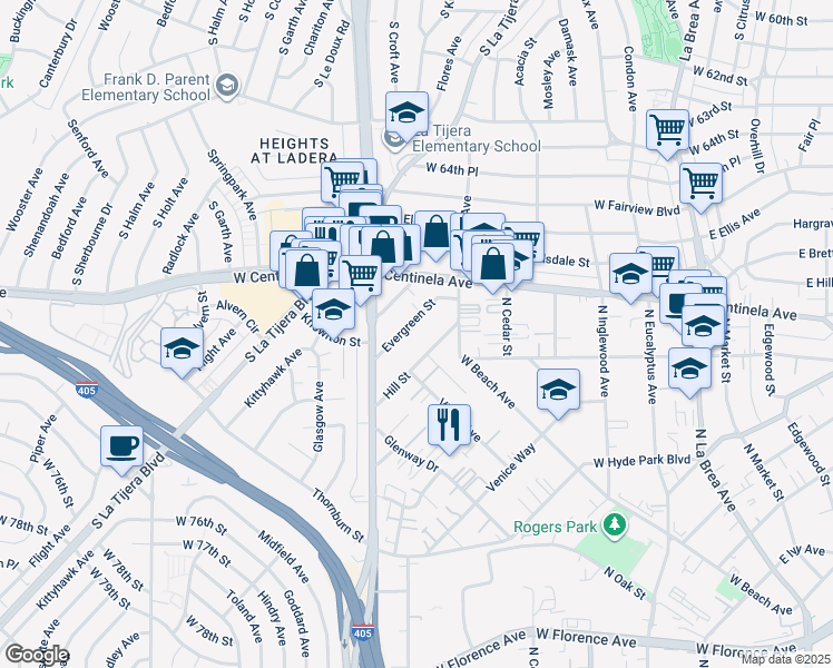 map of restaurants, bars, coffee shops, grocery stores, and more near 533 Hill Street in Inglewood