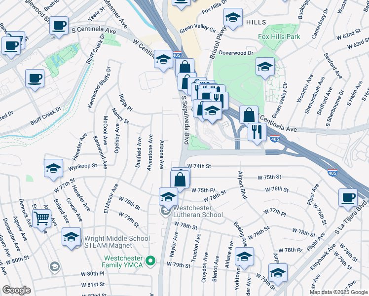 map of restaurants, bars, coffee shops, grocery stores, and more near 6733 South Sepulveda Boulevard in Los Angeles