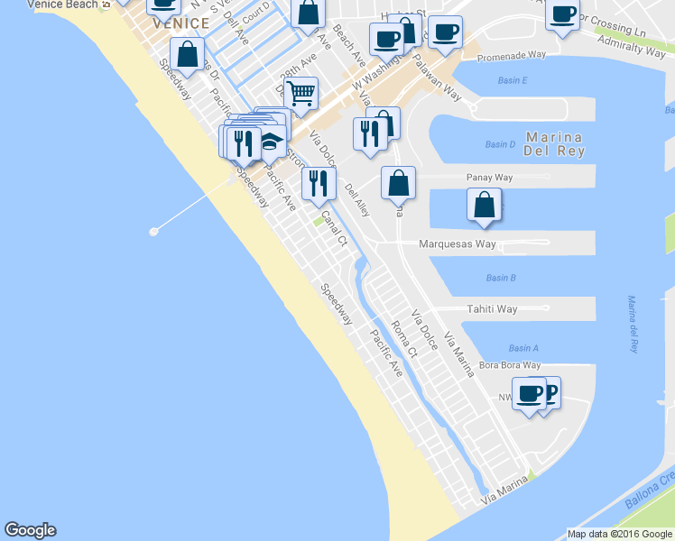 map of restaurants, bars, coffee shops, grocery stores, and more near 20 Hurricane Street in Los Angeles