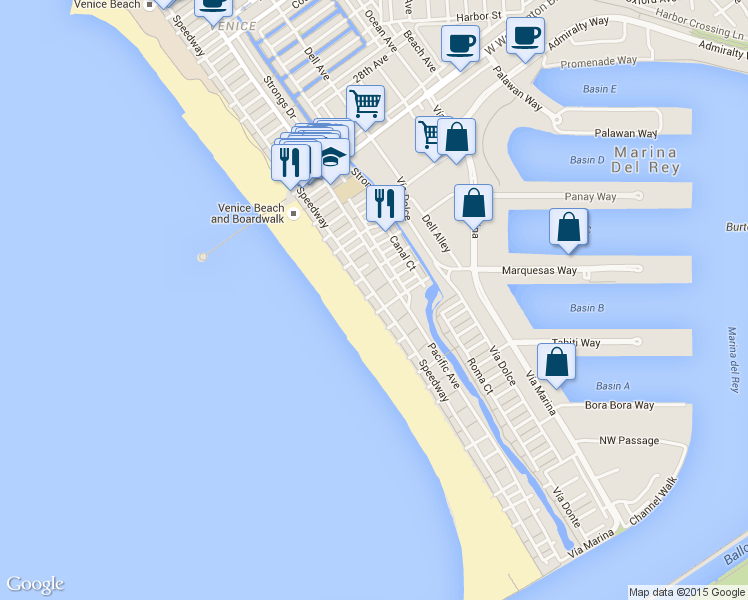 map of restaurants, bars, coffee shops, grocery stores, and more near 3815 Speedway in Marina del Rey