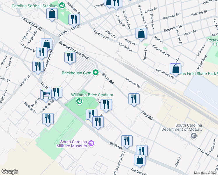 map of restaurants, bars, coffee shops, grocery stores, and more near 1085 Shop Road in Columbia