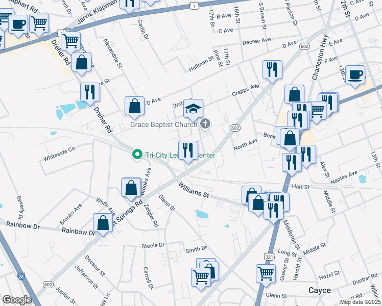 map of restaurants, bars, coffee shops, grocery stores, and more near 521 Taylor Street in West Columbia