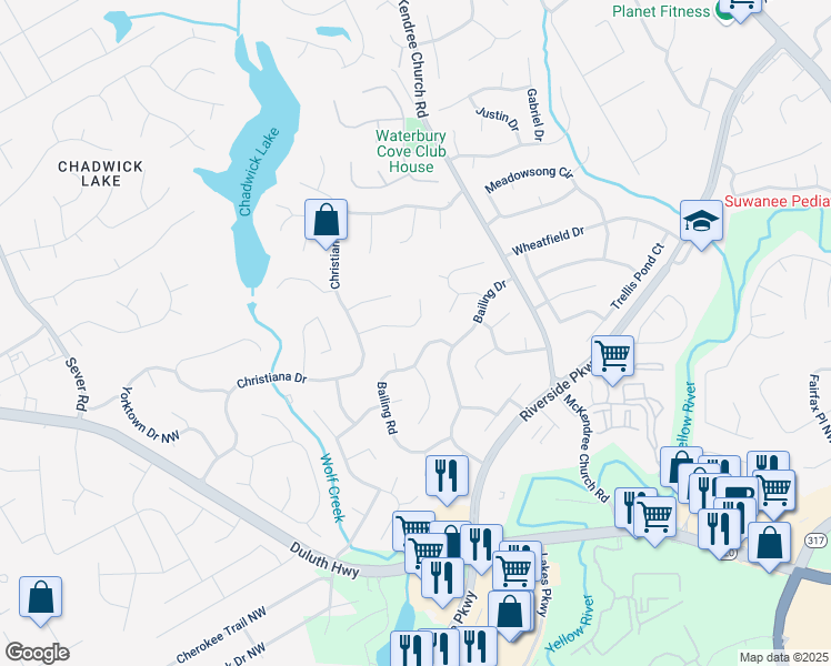 map of restaurants, bars, coffee shops, grocery stores, and more near 1030 San Lacinto Lane in Lawrenceville
