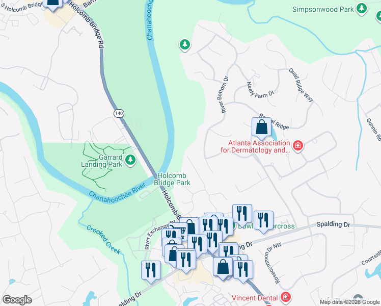 map of restaurants, bars, coffee shops, grocery stores, and more near 4329 Old Bridge Lane Northwest in Norcross