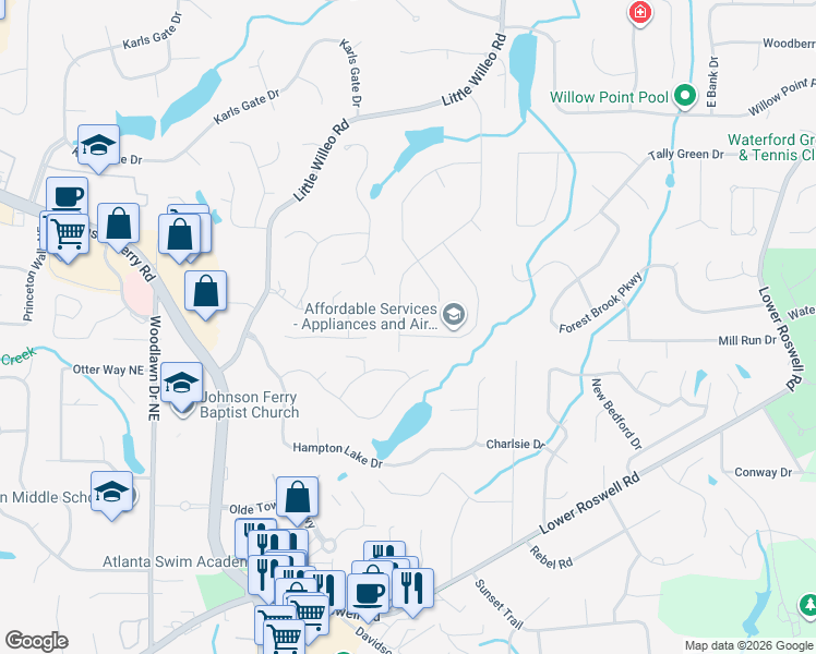 map of restaurants, bars, coffee shops, grocery stores, and more near 1142 Colony Drive in Marietta