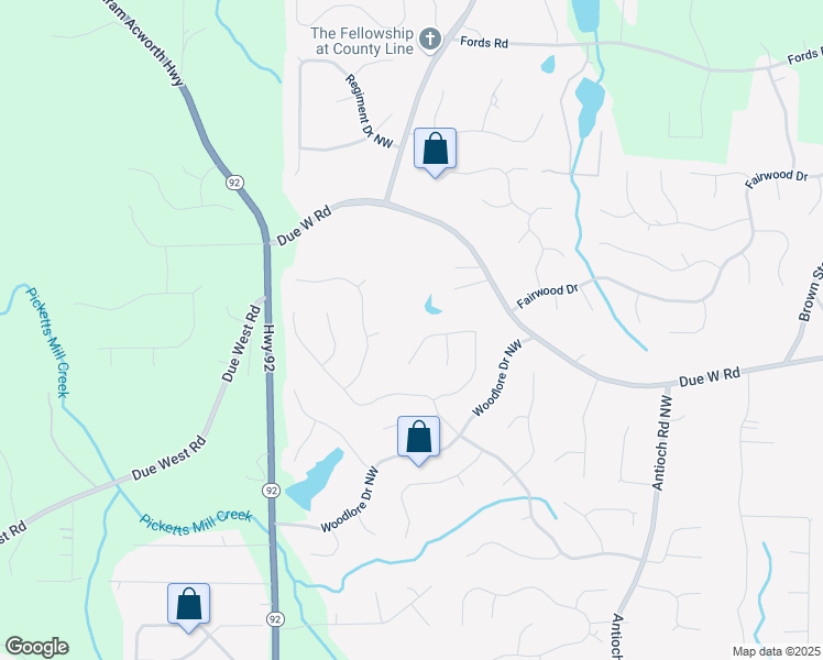 map of restaurants, bars, coffee shops, grocery stores, and more near 6227 Braidwood Way Northwest in Acworth