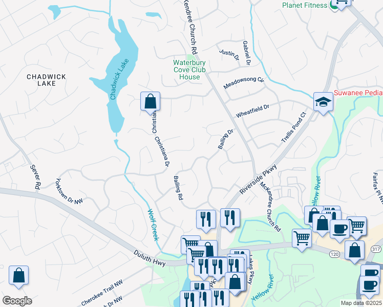 map of restaurants, bars, coffee shops, grocery stores, and more near 1030 San Lacinto Lane in Lawrenceville
