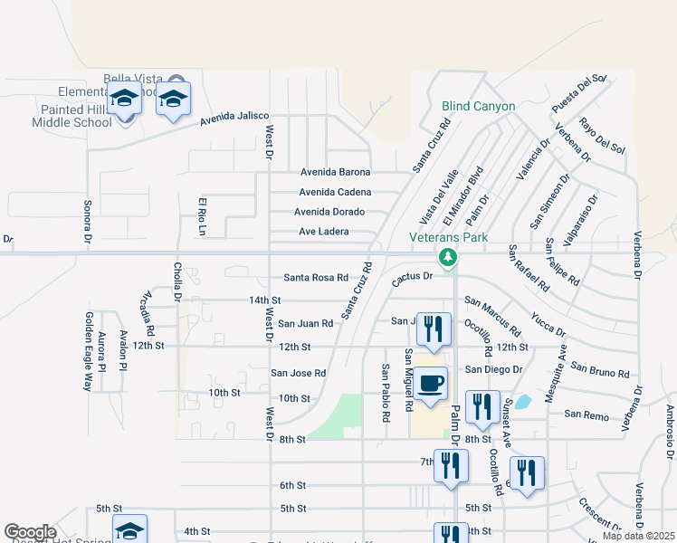 map of restaurants, bars, coffee shops, grocery stores, and more near 66170 Santa Rosa Road in Desert Hot Springs