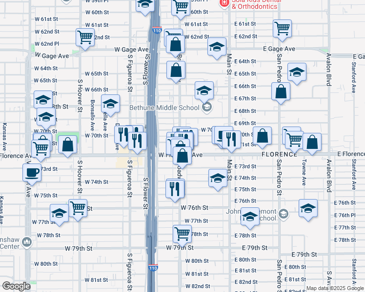 map of restaurants, bars, coffee shops, grocery stores, and more near 7108 South Broadway in Los Angeles