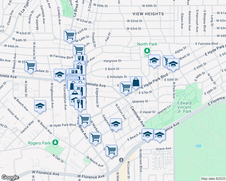 map of restaurants, bars, coffee shops, grocery stores, and more near 339 East Plymouth Street in Inglewood