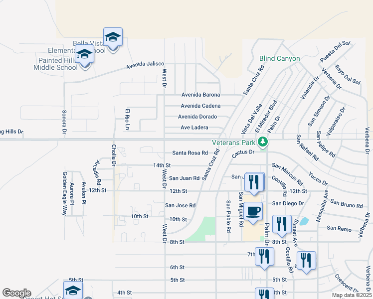 map of restaurants, bars, coffee shops, grocery stores, and more near 66100 Santa Rosa Road in Desert Hot Springs