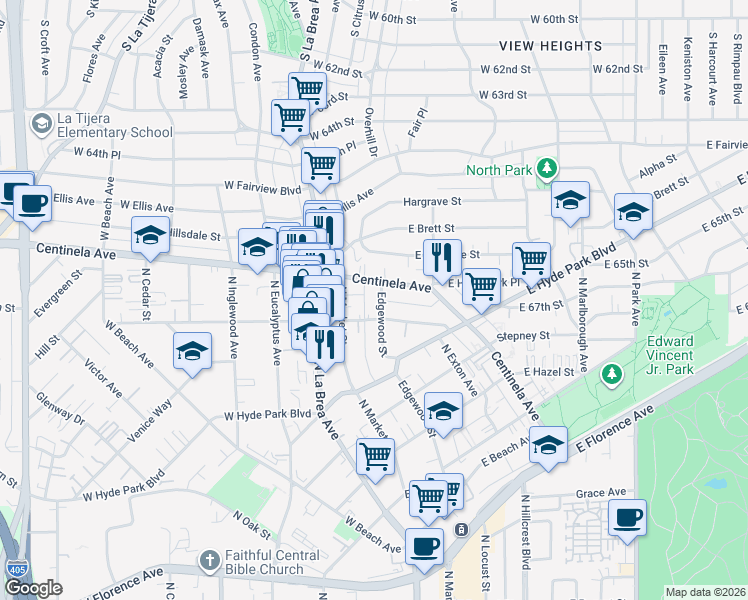 map of restaurants, bars, coffee shops, grocery stores, and more near 917 Edgewood Street in Inglewood