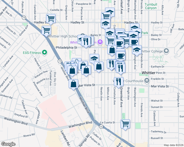 map of restaurants, bars, coffee shops, grocery stores, and more near 12512 Penn Street in Whittier