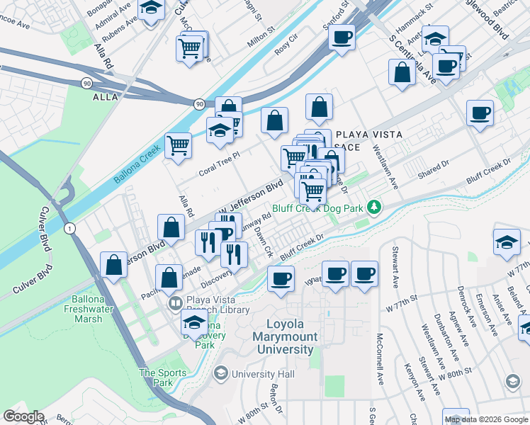 map of restaurants, bars, coffee shops, grocery stores, and more near 12871 West Runway Road in Los Angeles