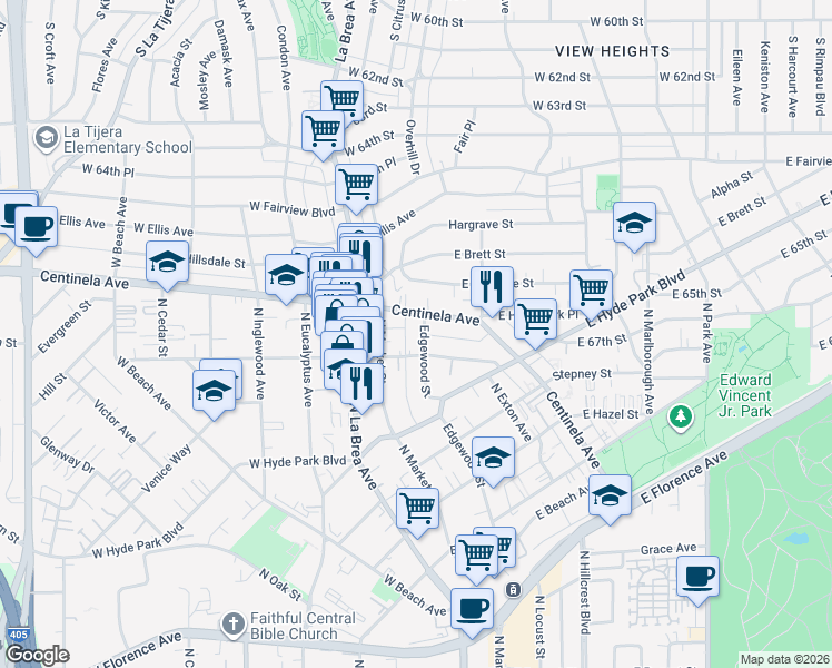 map of restaurants, bars, coffee shops, grocery stores, and more near 305 East Plymouth Street in Inglewood