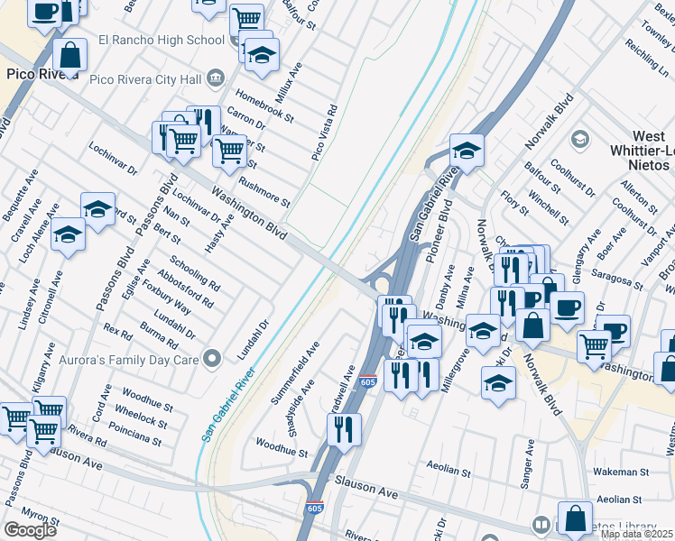 map of restaurants, bars, coffee shops, grocery stores, and more near 5678 Washington Boulevard in Whittier