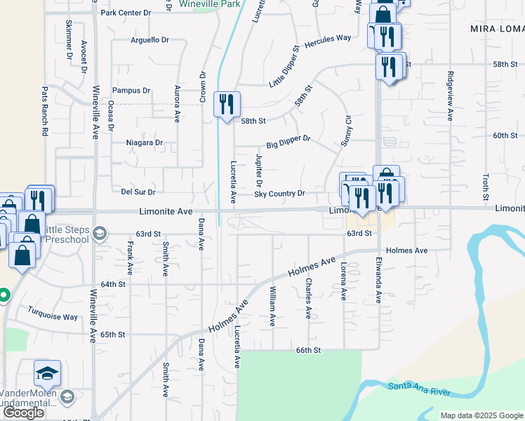 map of restaurants, bars, coffee shops, grocery stores, and more near Limonite Avenue in Jurupa Valley