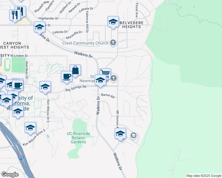 map of restaurants, bars, coffee shops, grocery stores, and more near 160 West Big Springs Road in Riverside