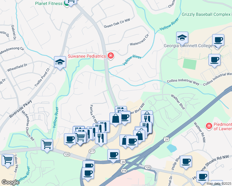 map of restaurants, bars, coffee shops, grocery stores, and more near 1020 Twin Brook Court Northeast in Lawrenceville