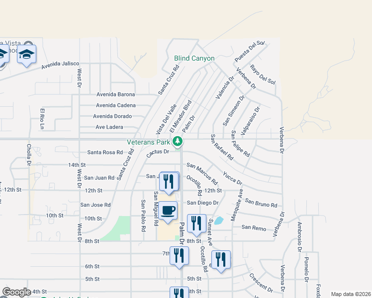 map of restaurants, bars, coffee shops, grocery stores, and more near 10100 Palm Drive in Desert Hot Springs