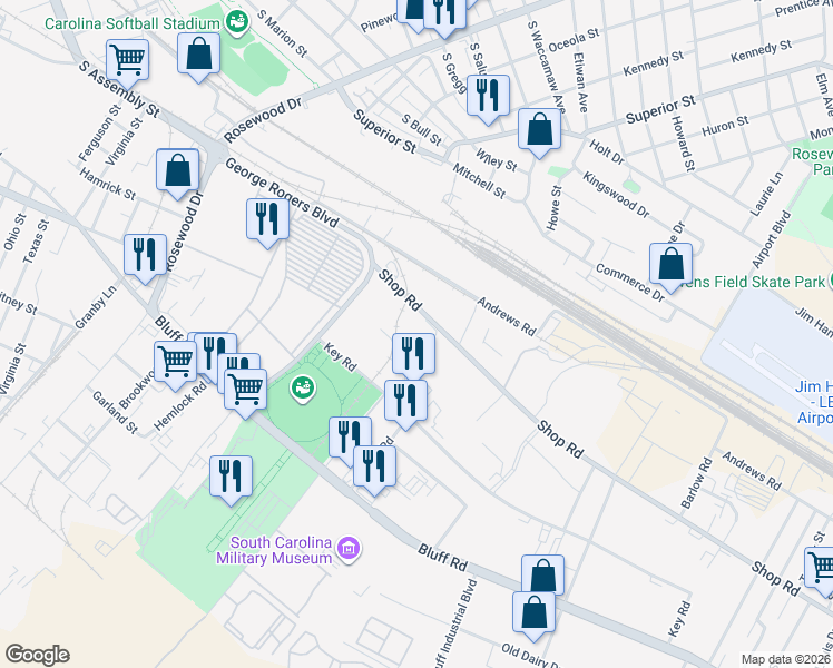 map of restaurants, bars, coffee shops, grocery stores, and more near 1085 Shop Road in Columbia