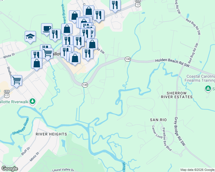 map of restaurants, bars, coffee shops, grocery stores, and more near 286 Edgewater Drive Southwest in Shallotte